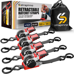 1 in x 10 ft S-Hook Retractable Ratchet Straps 4-Pack, Black
