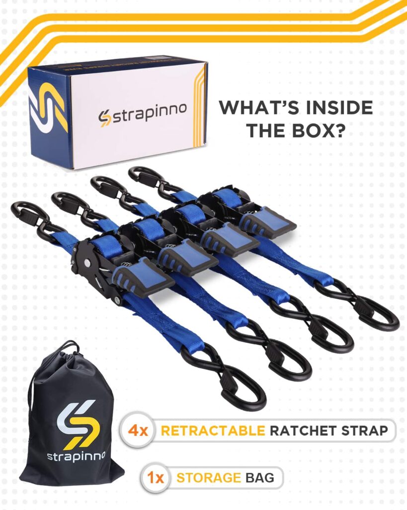 What's inside the box of Strapinno blue retractable tie-down straps