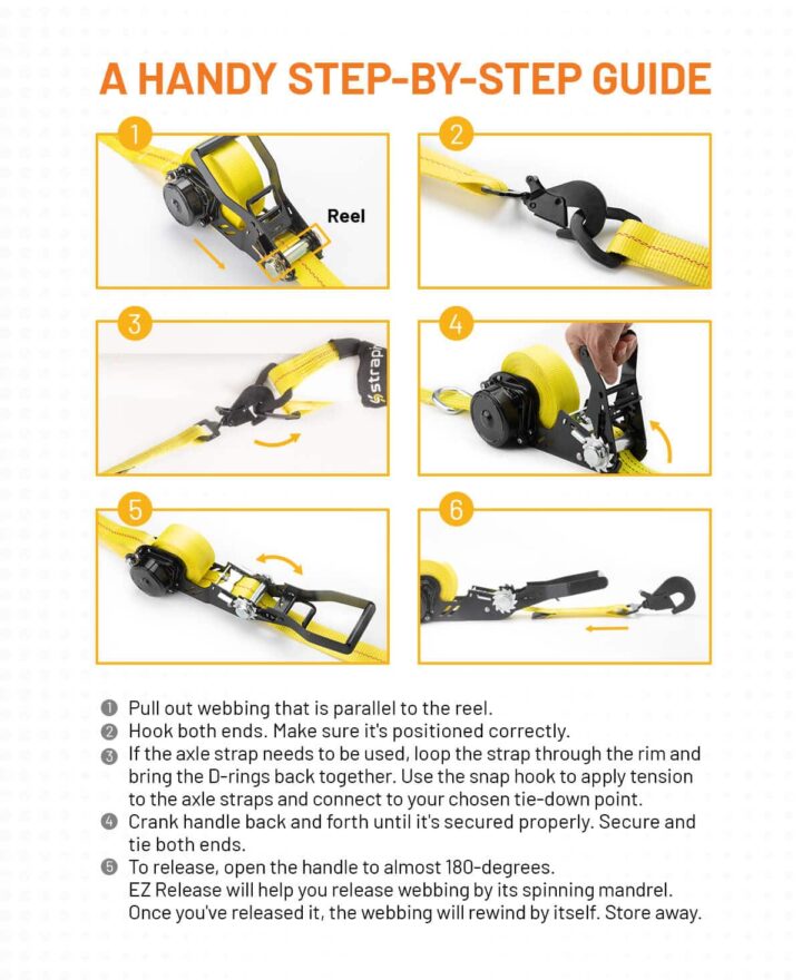 demonstration of how to use a retractable ratchet strap to tie down a car on a trailer