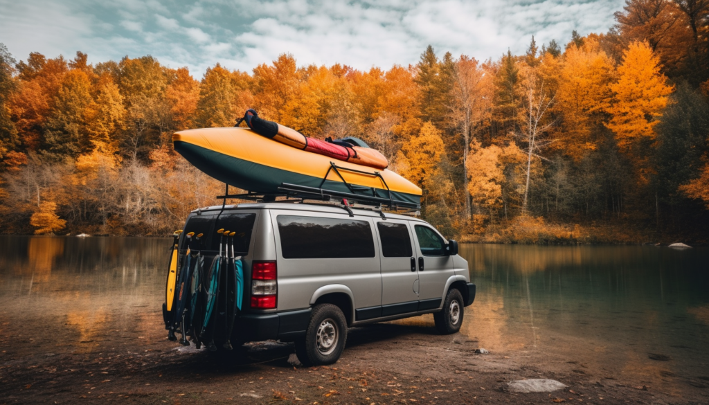 RV camper van with a kayak attached to the top using retractable ratchet straps