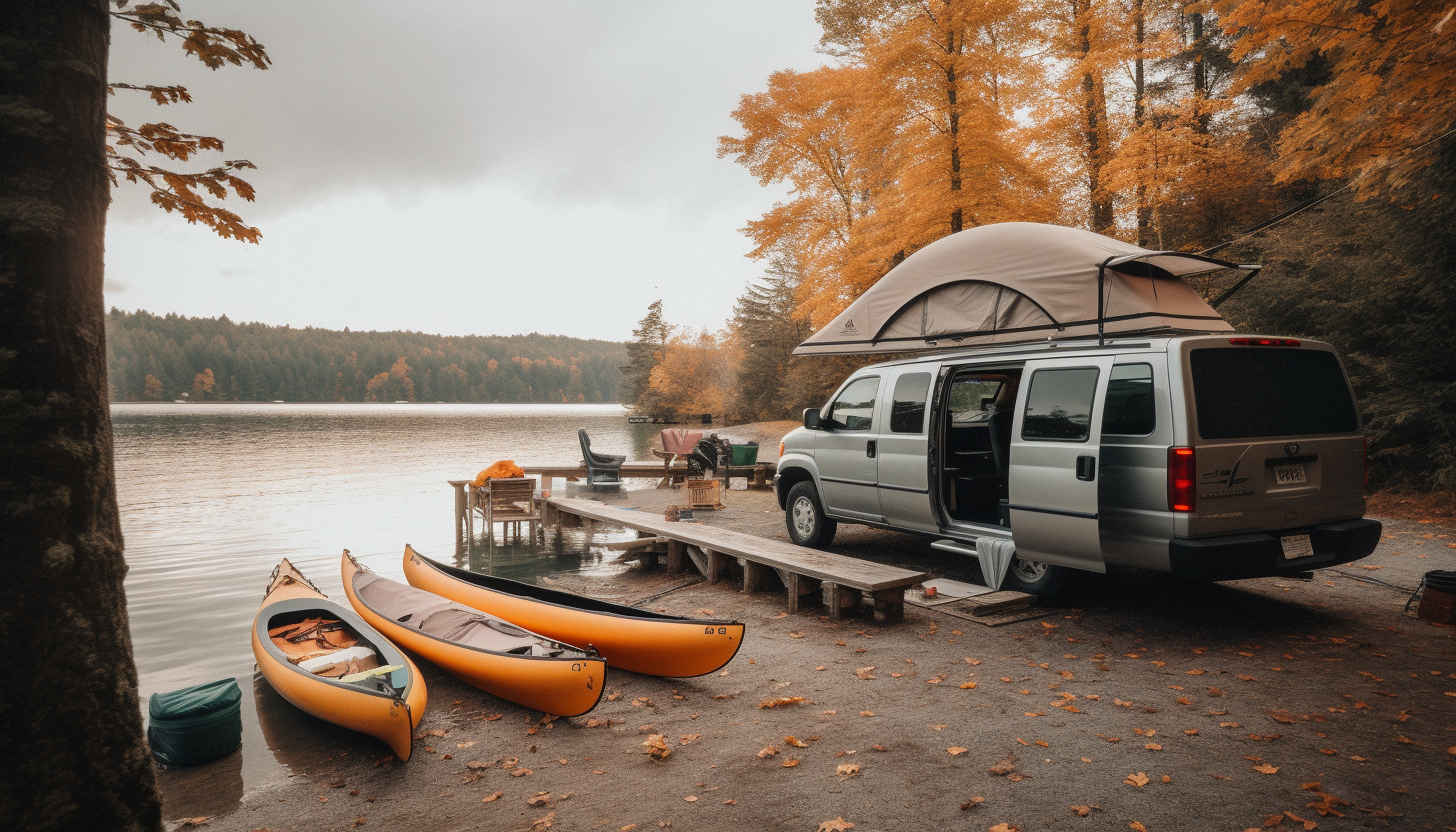 three kayaks and a gray camper van parked in an RV campground near a lake