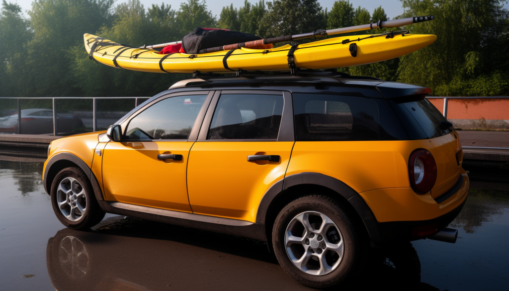 yellow kayak secured using retractable ratchet straps on roof of yellow car on a sunny day