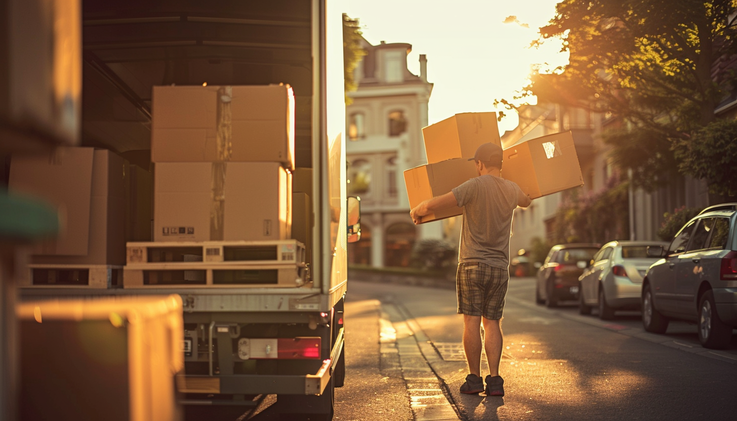man carrying boxes away from moving truck at golden hour