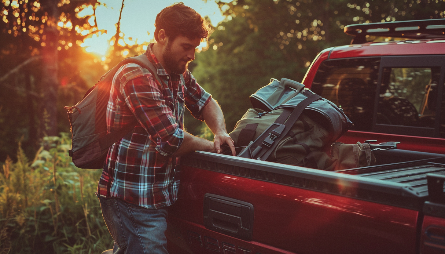 man securing luggage on a red pickup truck getting ready for a road trip in summer morning
