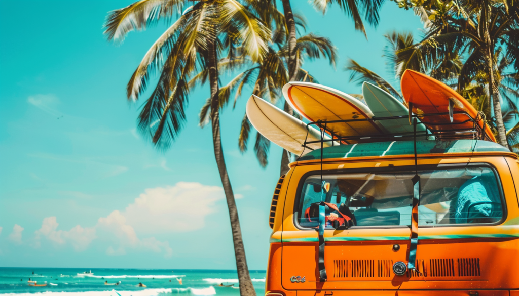 A colorful van with surfboards and beach gear on the roof secured by retractable ratchet straps parked near palm trees in front of an ocean view