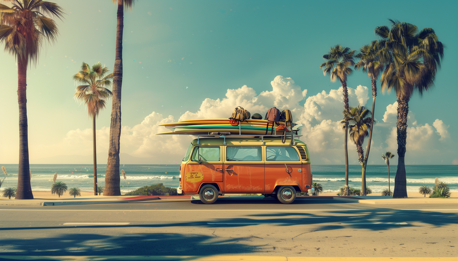 empty volkswagen van with surfboards and beach gear on the roof secured by retractable ratchet straps parked near palm trees in front of an ocean view