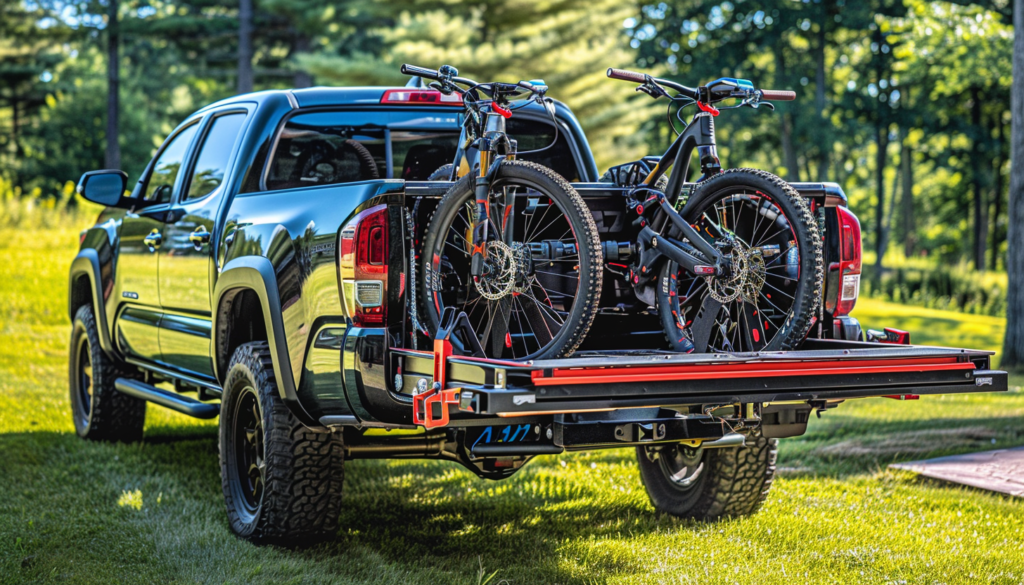 A black pickup truck with two mountain bikes on the back secured by retractable ratchet straps in its bed