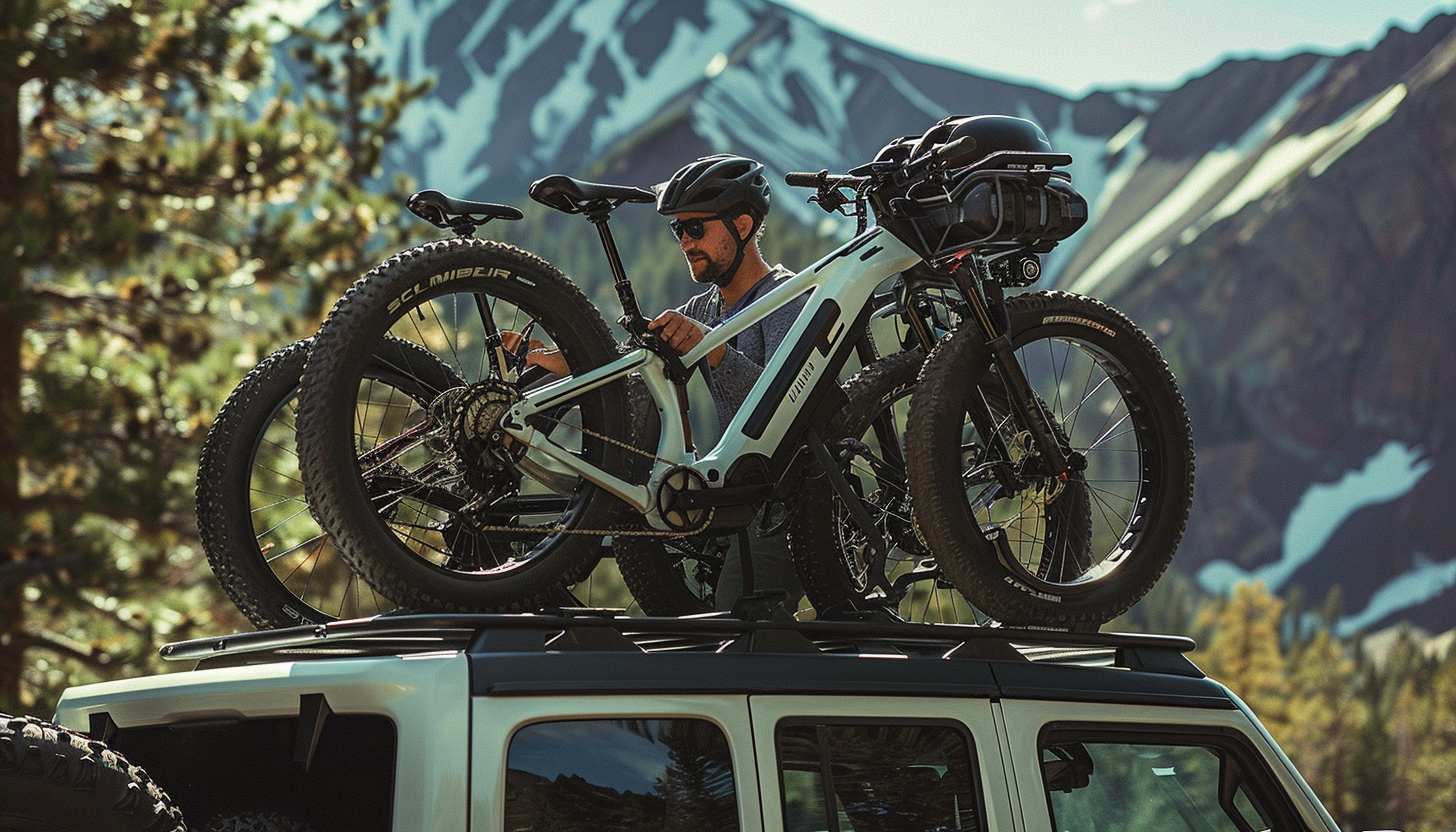 man with a helmet loading two mountain bikes on the roof rack of his white jeep with the mountain the background
