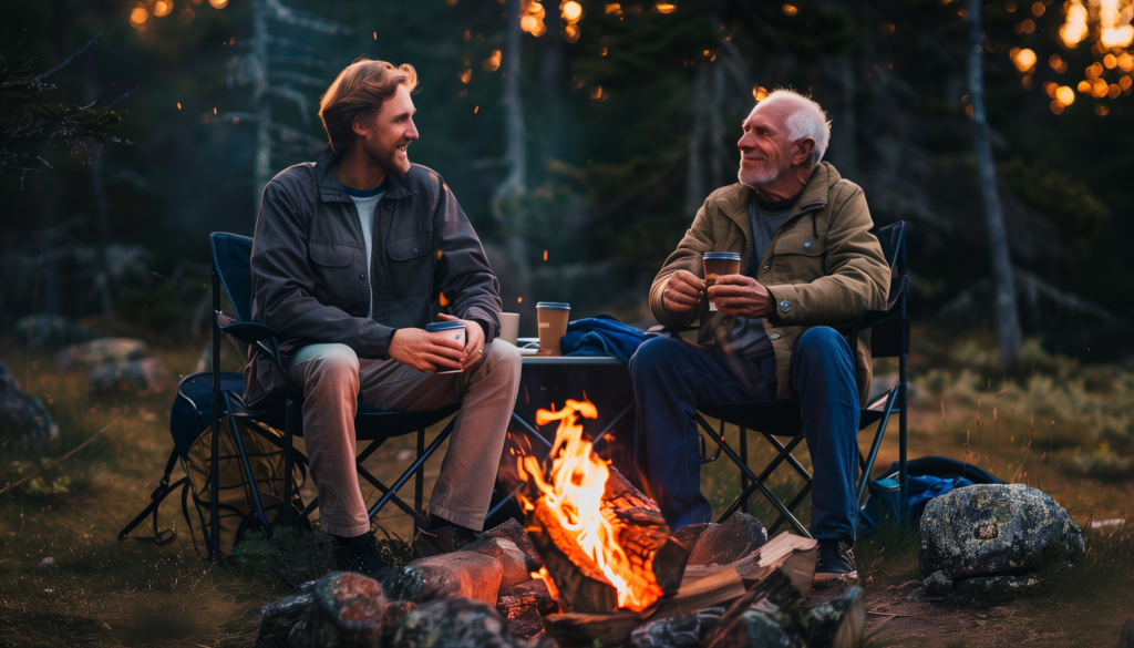 smiling man with his father sitting on chairs in front of a campfire one summer morning, smiling and drinking coffee