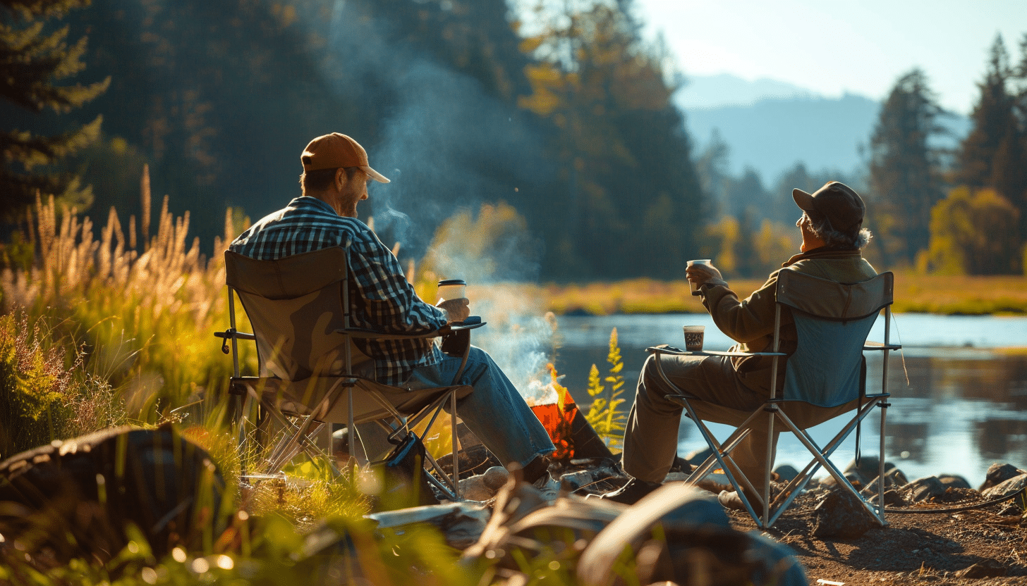 smiling man with his father sitting on chairs in front of a lake one summer morning, smiling and drinking coffee they are behind the camera