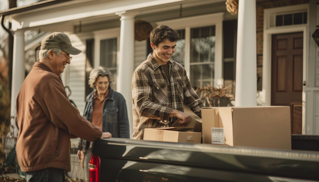 young man  loading boxes into a pickup truck trailer with his parents smiling and offering moral support
