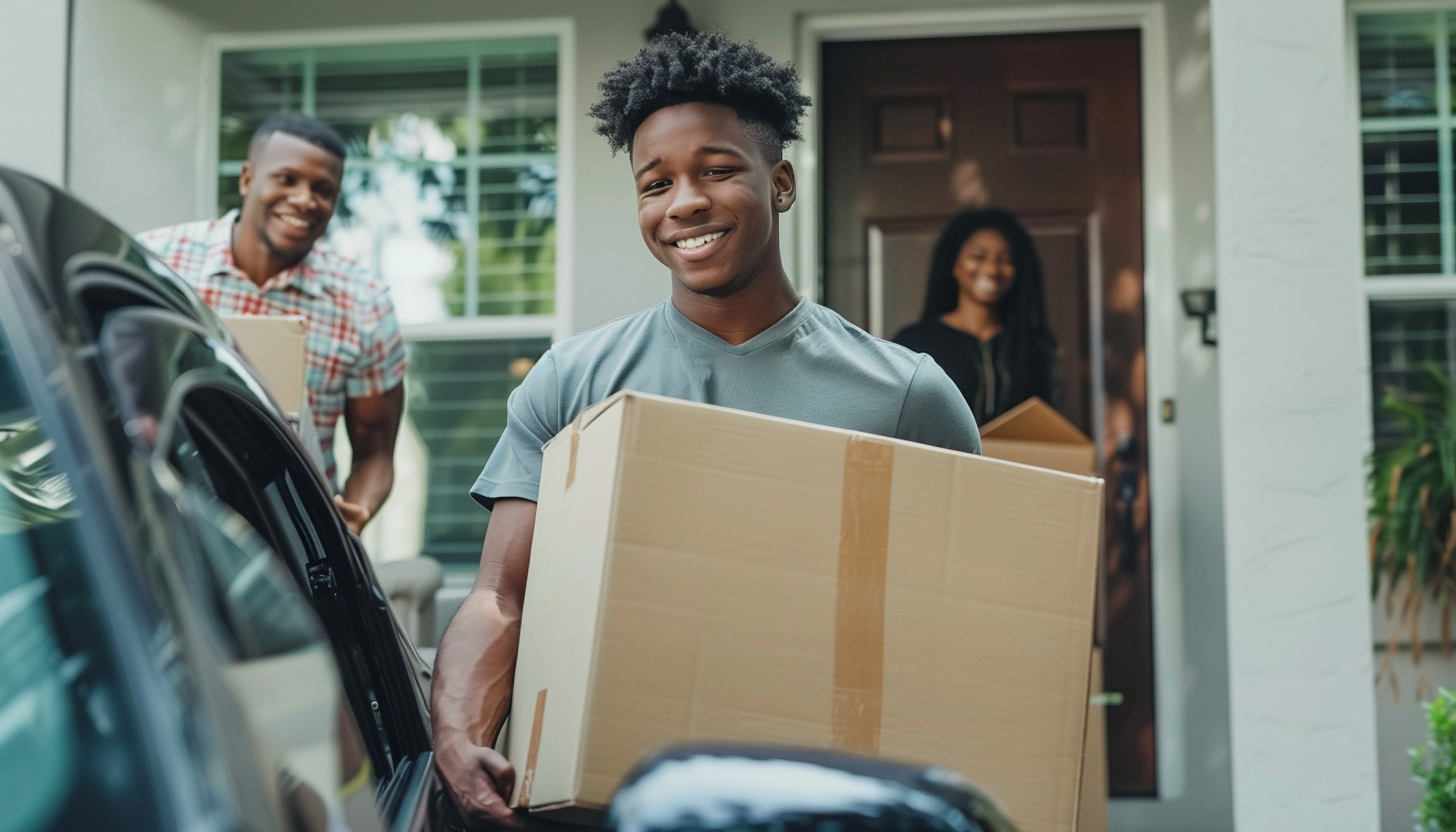 young man loading boxes into car with parents standing behind him helping him with the boxes