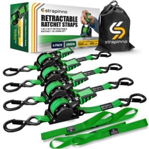1 in x 10 ft S-Hook Retractable Ratchet Straps 4-Pack, Green, Stainless Steel Spring