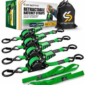 1 in x 10 ft S-Hook Retractable Ratchet Straps 4-Pack, Green, Stainless Steel Spring