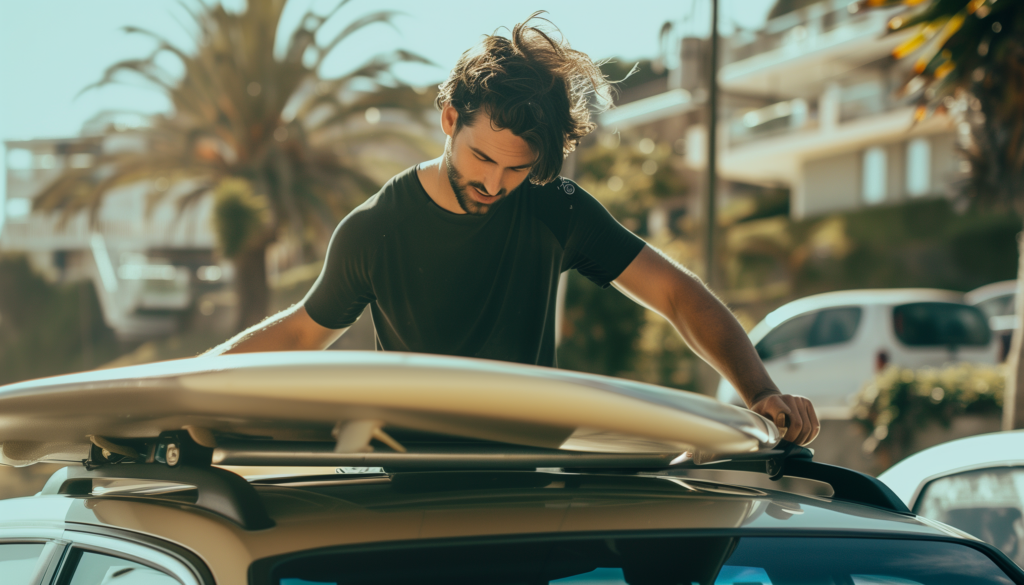 man in a black shirt about to place a white surfboard on rack on top of his car roof on a summer day with other cars and palm trees in the background