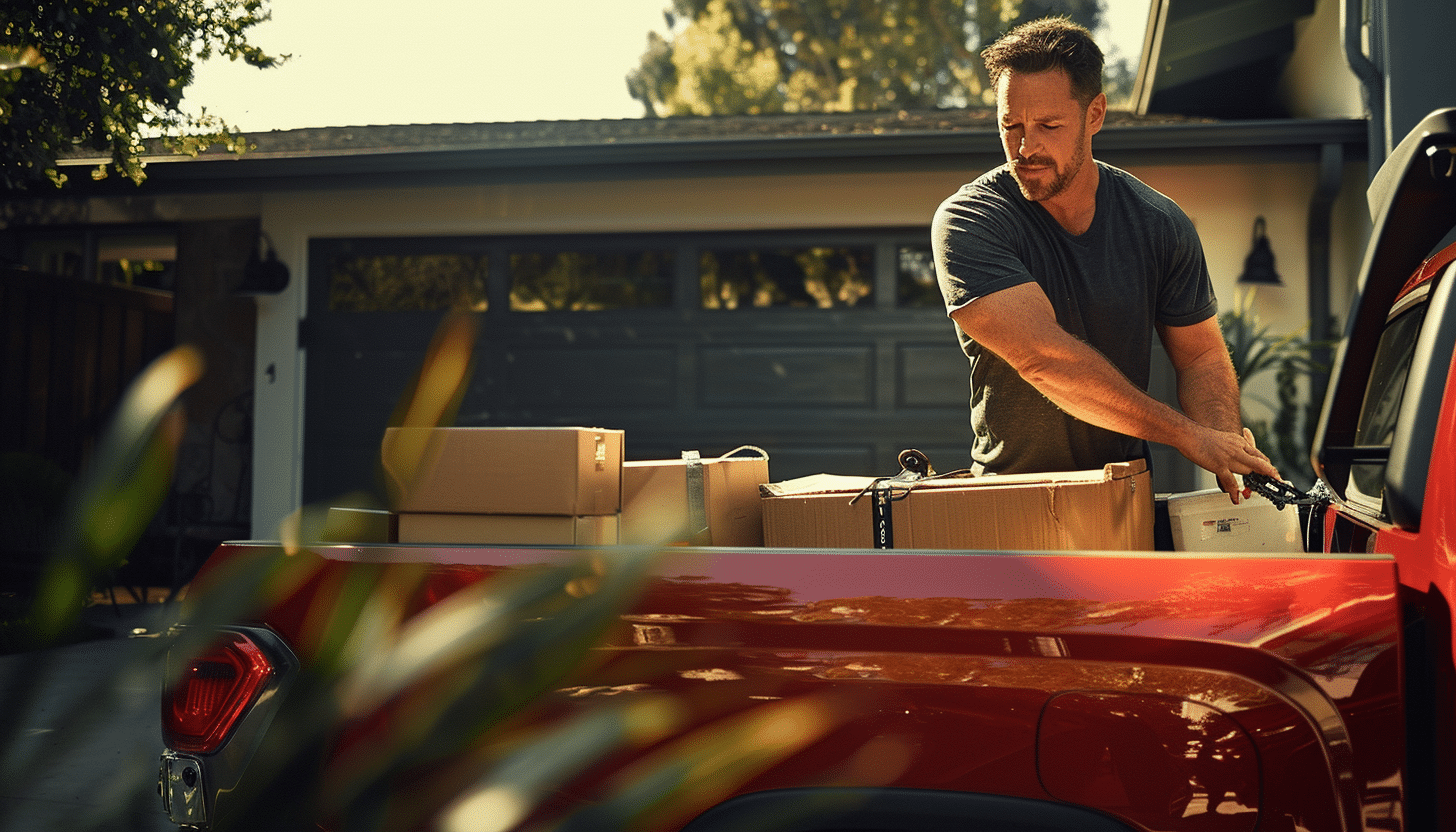 man securing boxes and gear on his red pickup truck outside his garage in the early morning