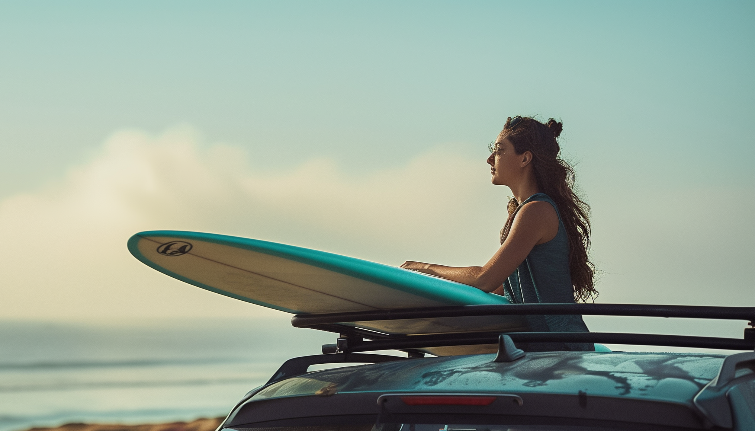 woman looking out to sea about to place surfboard on rack on top of car roof, beach in background