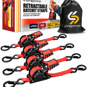 1in x 10 ft S-Hook Retractable Ratchet Straps 4-Pack, Red
