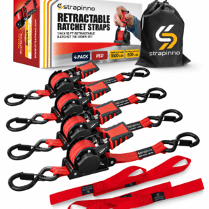 1in x 10 ft S-Hook Retractable Ratchet Straps 4-Pack, Red
