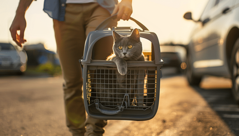 a russian blue cat inside a gray pet carrier carried by a man walking in a parking lot at sunset