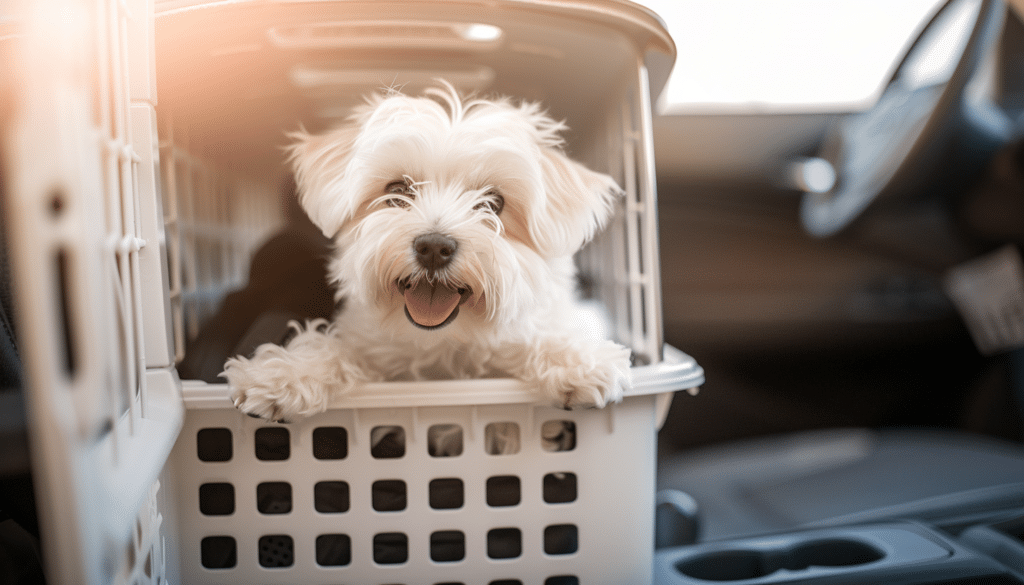 maltese puppy in an open pet crate inside the car on the passenger seat