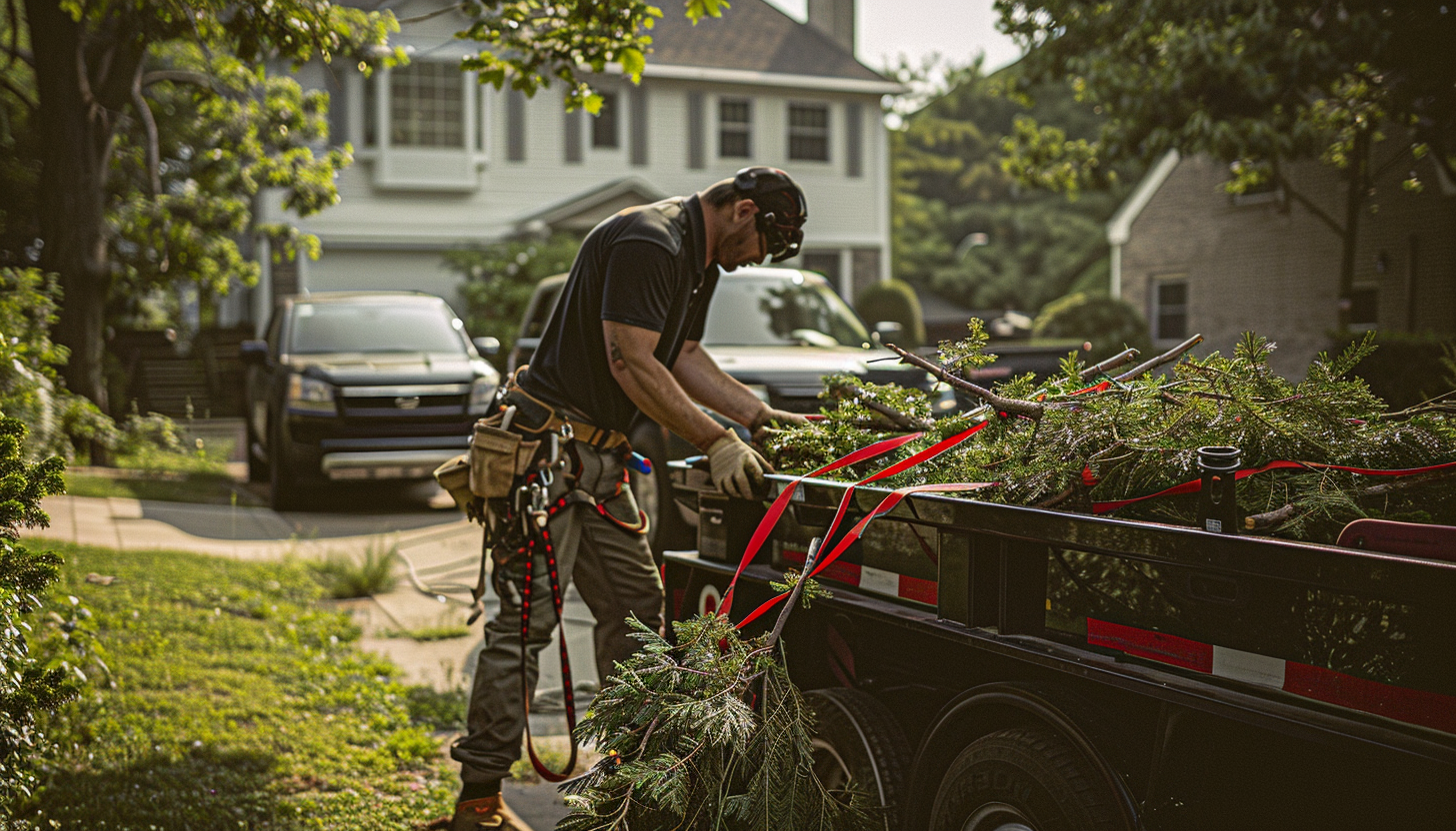 tree-cutting service company personnel securing cut branches using red retractable ratchet straps at the back of a trailer