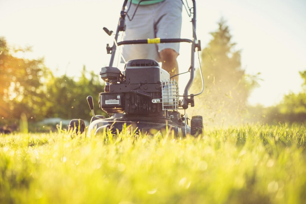 A Person in a Green Shirt Using a Lawn Mower