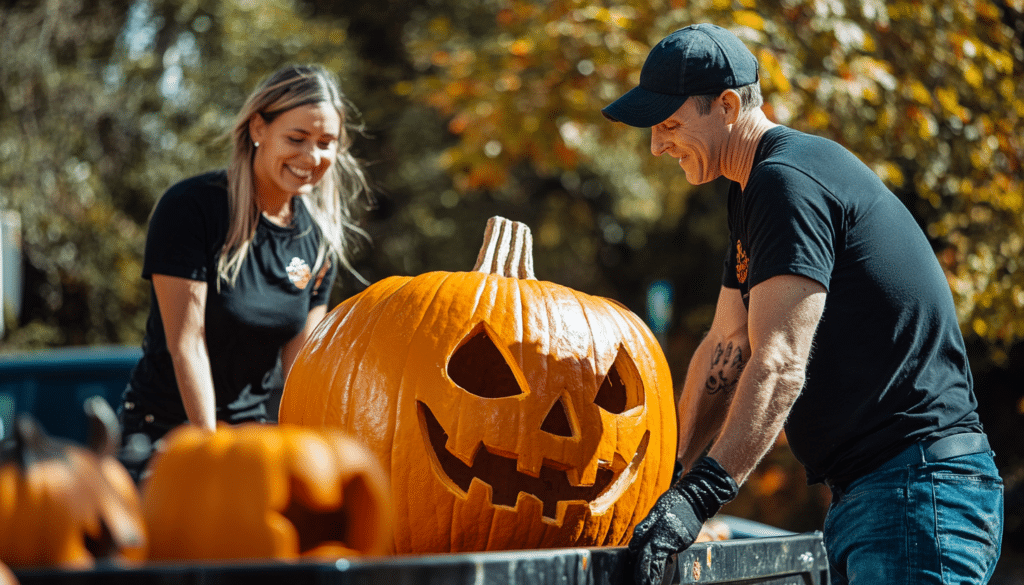 2 events staff wearing black t-shirt and jeans hauling large halloween pumpkin decor at the back of a truck on a sunny autumn fall