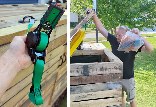 Strapinno's green retractable ratchet straps used for outdoor garbage bins