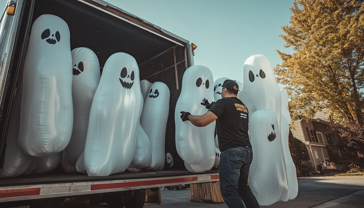 events staff wearing black t-shirt and jeans hauling large inflatable ghost decors at the back of a truck on a sunny autumn fall